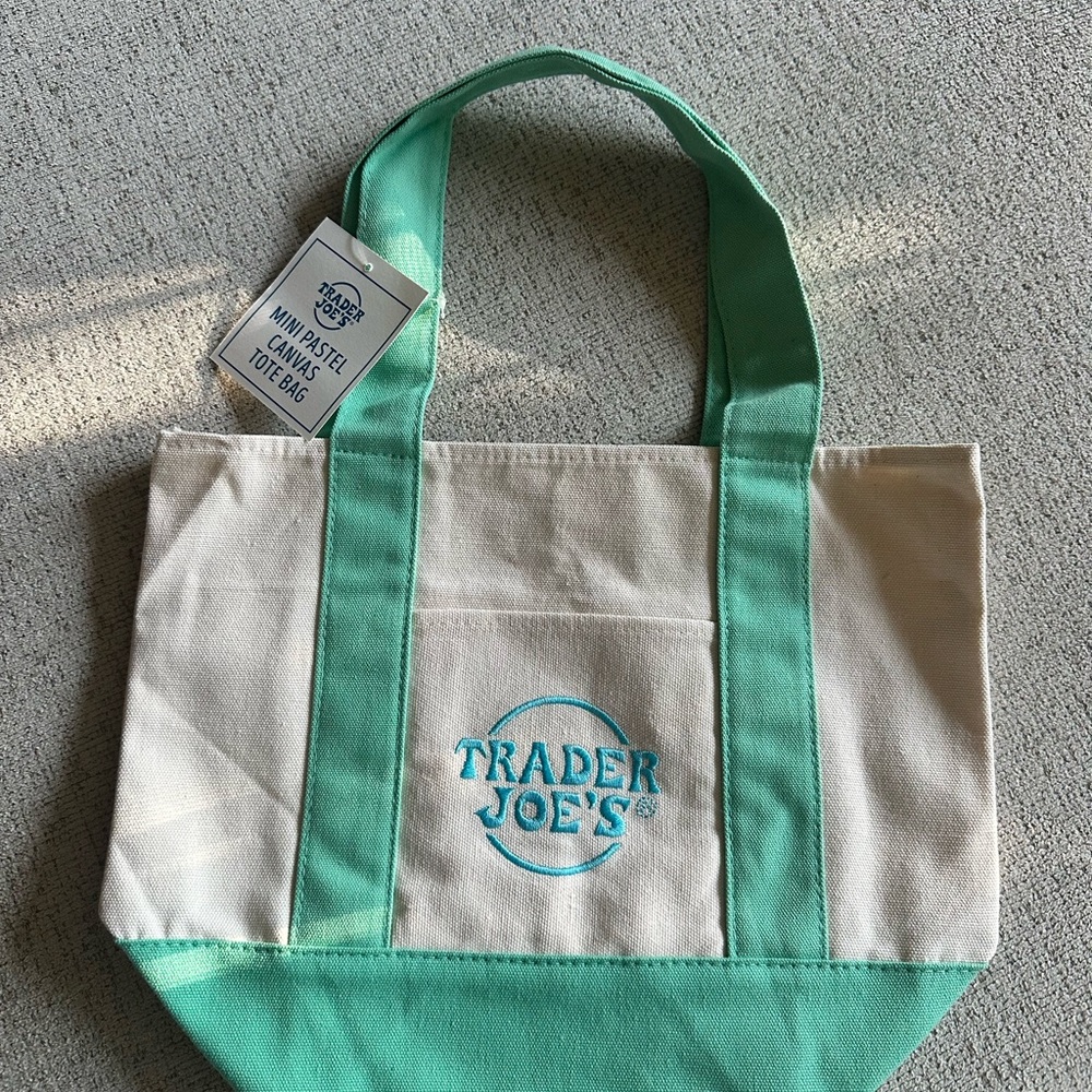 Trader Joes Green and Cream Canvas Tote Bag Mini